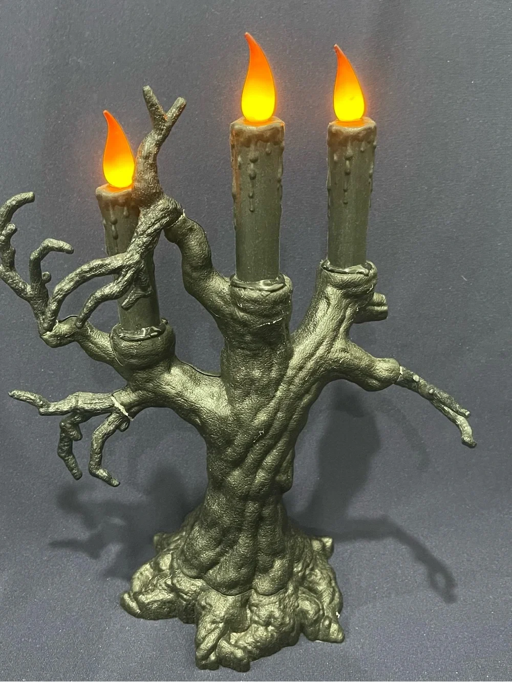 Spooky Black Gnarled Tree Candelabra flickering 3 LED Candles Halloween Decor